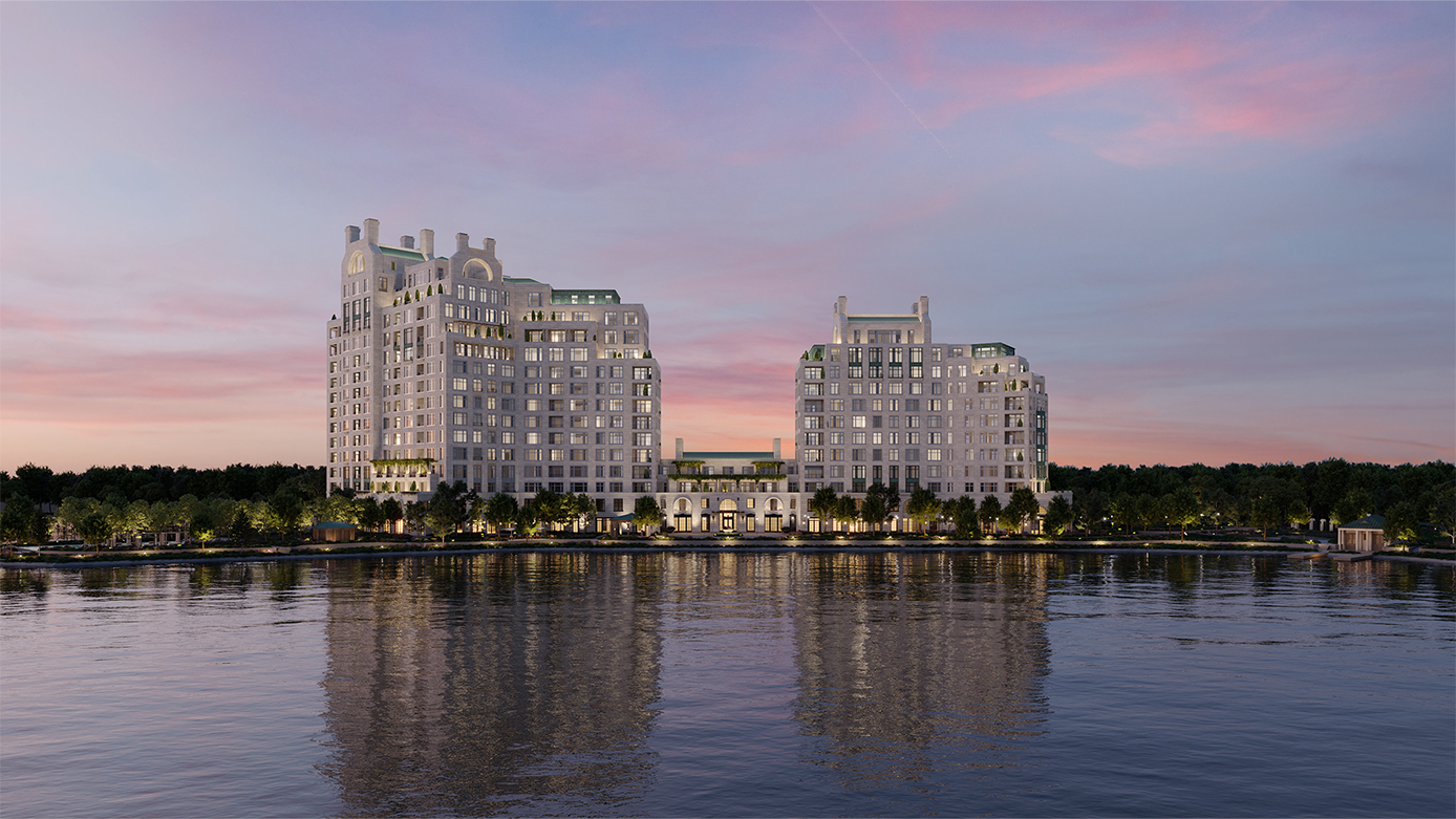 Exterior of the buildings with the surrounding lake