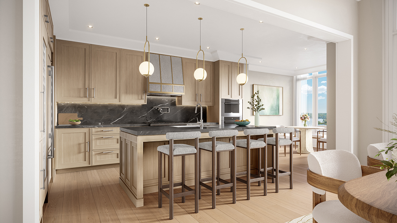Vista de la cocina con luces brillantes y armarios de color beige oscuro y asientos de color gris claro